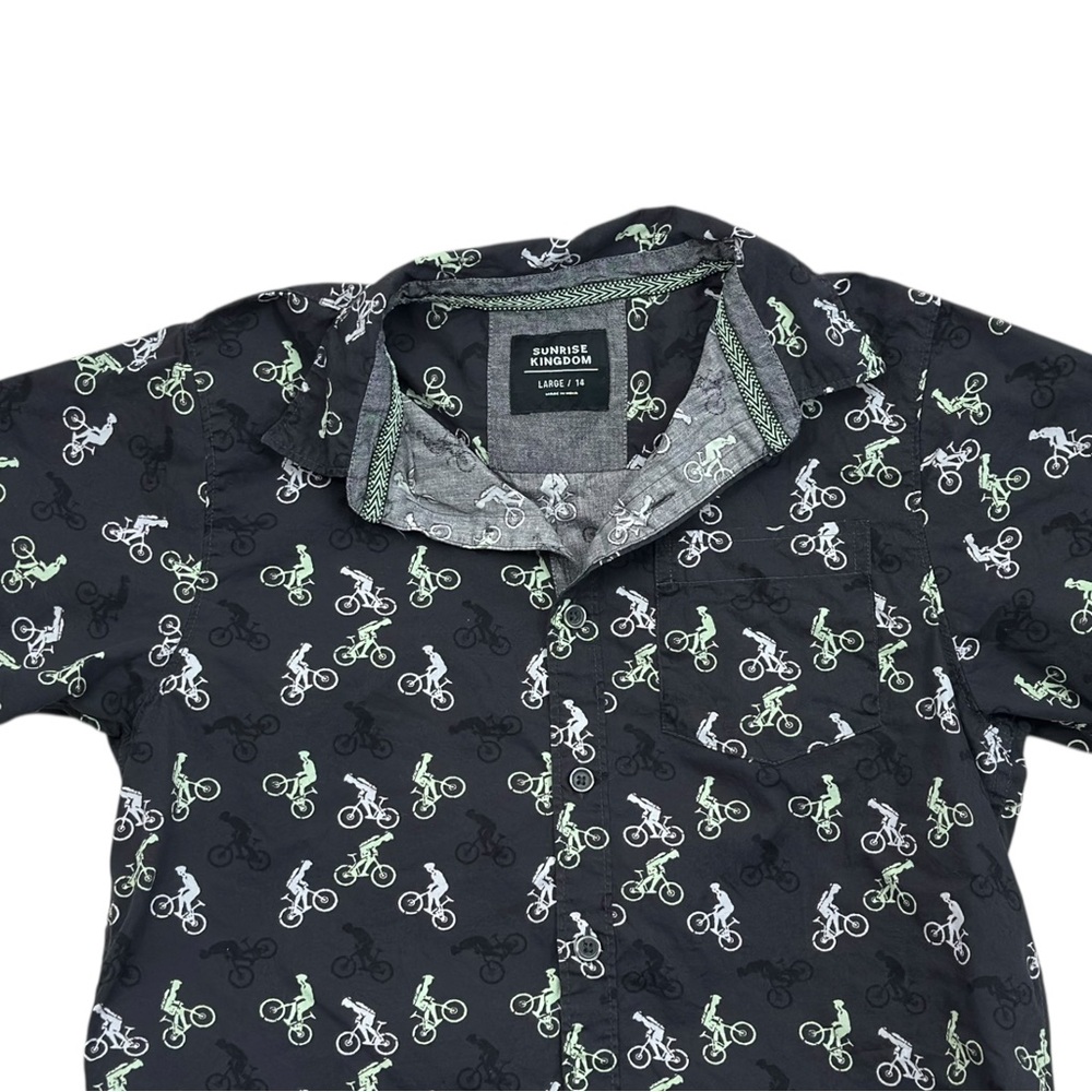 Sunrise Kingdom Boys Short Sleeve Button Up BMX Bike Pattern - Size Large 14 - Picture 3 of 6